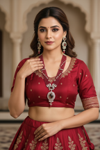 Bridal lifestyle — model wearing ruby pink bead and pearl polki AD oval pendant long necklace set