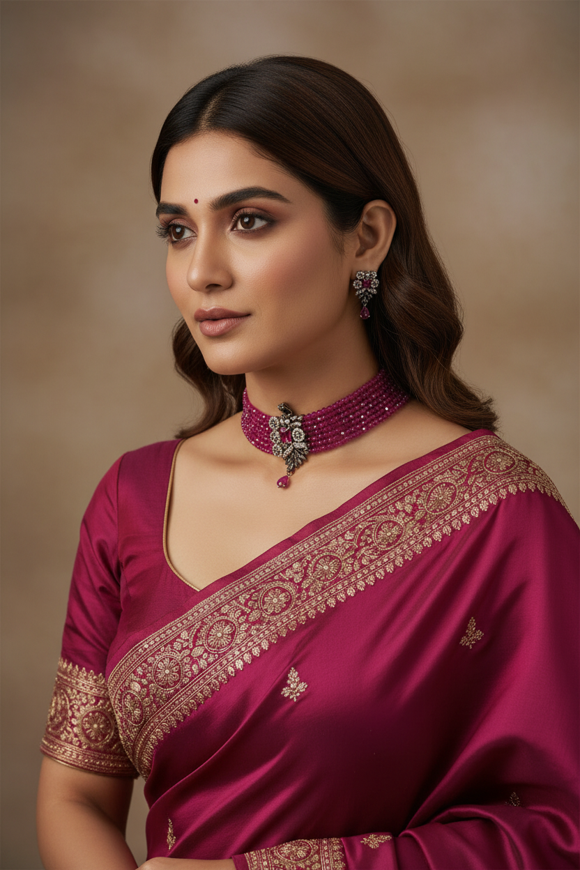Lifestyle shot — model wearing multi-strand ruby pink crystal bead choker with oxidised silver AD butterfly centrepiece set