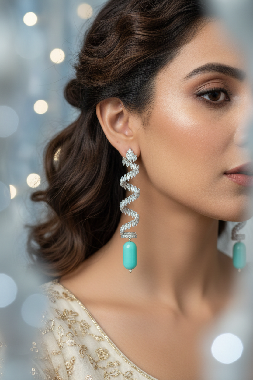 Silver AD Diamond CZ Spiral Twist Drop Earrings - Bridal Lifestyle Editorial