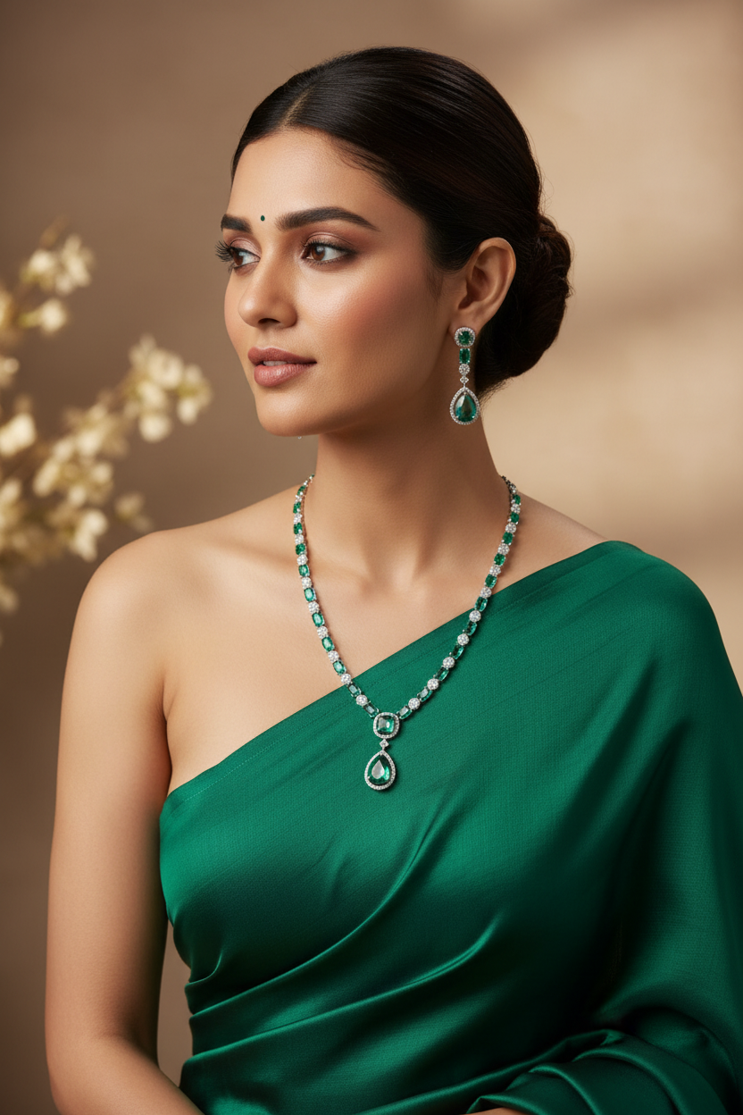 Bridal lifestyle — model wearing emerald AD tennis necklace set