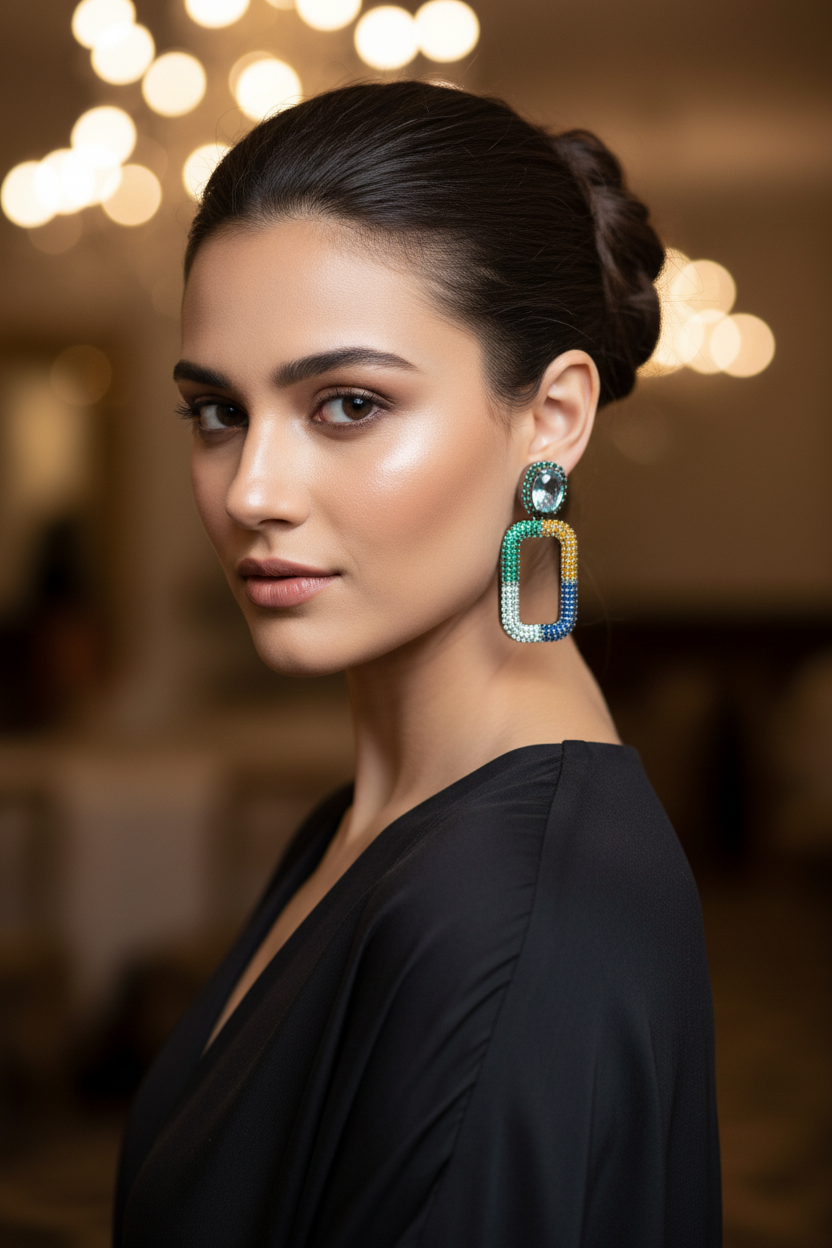 Aquamarine CZ Multicolour Rectangle Earrings – lifestyle editorial dark glamour look