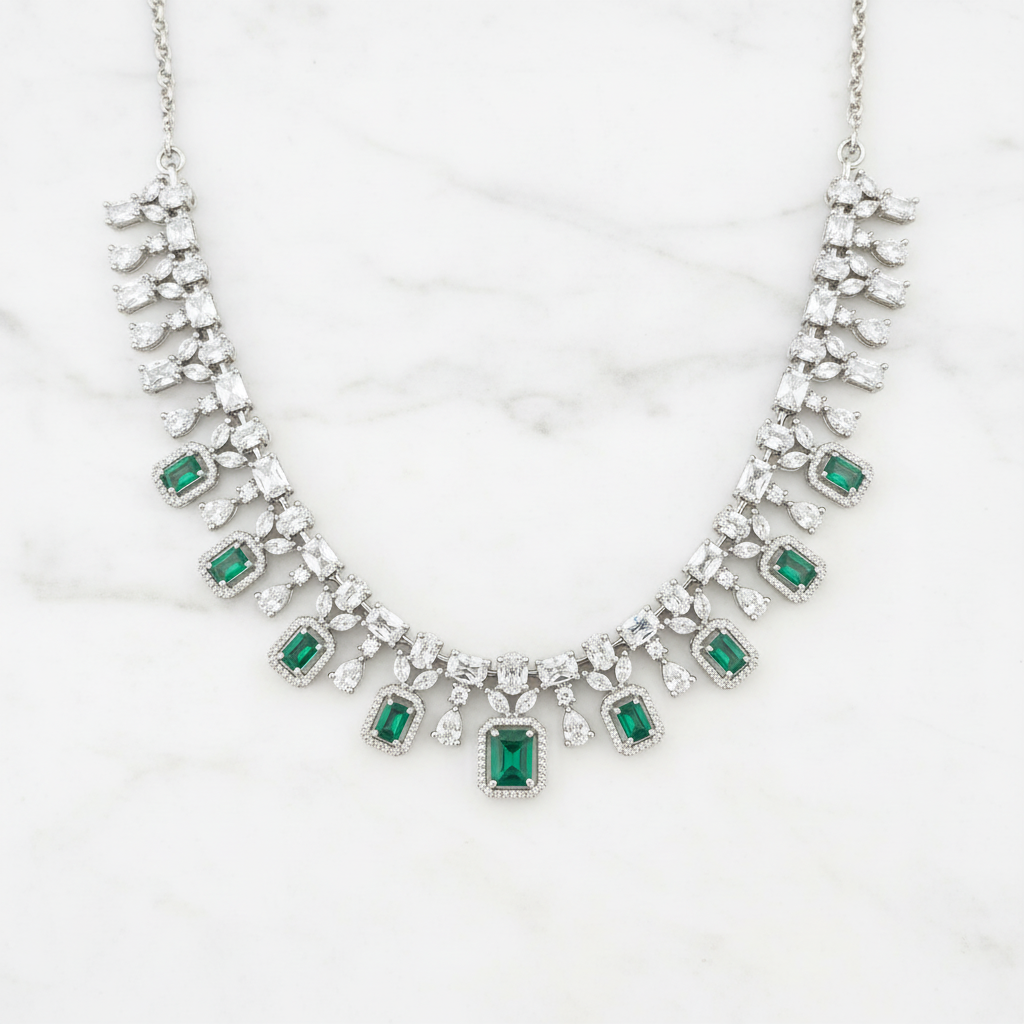 Emerald green AD necklace editorial promotional image on marble