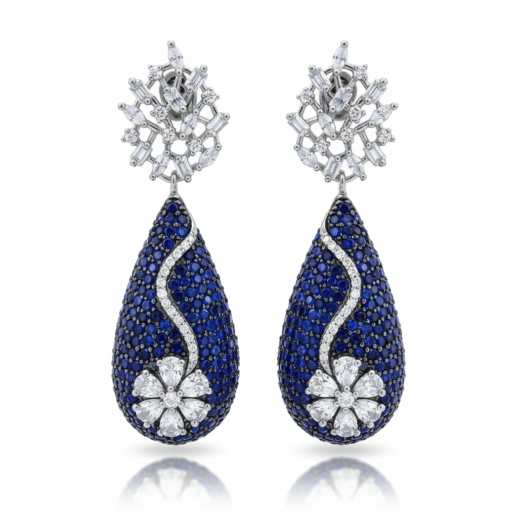 Blue Sapphire & Diamond Drop Earrings - white background studio shot
