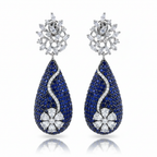 Blue Sapphire & Diamond Drop Earrings - white background studio shot
