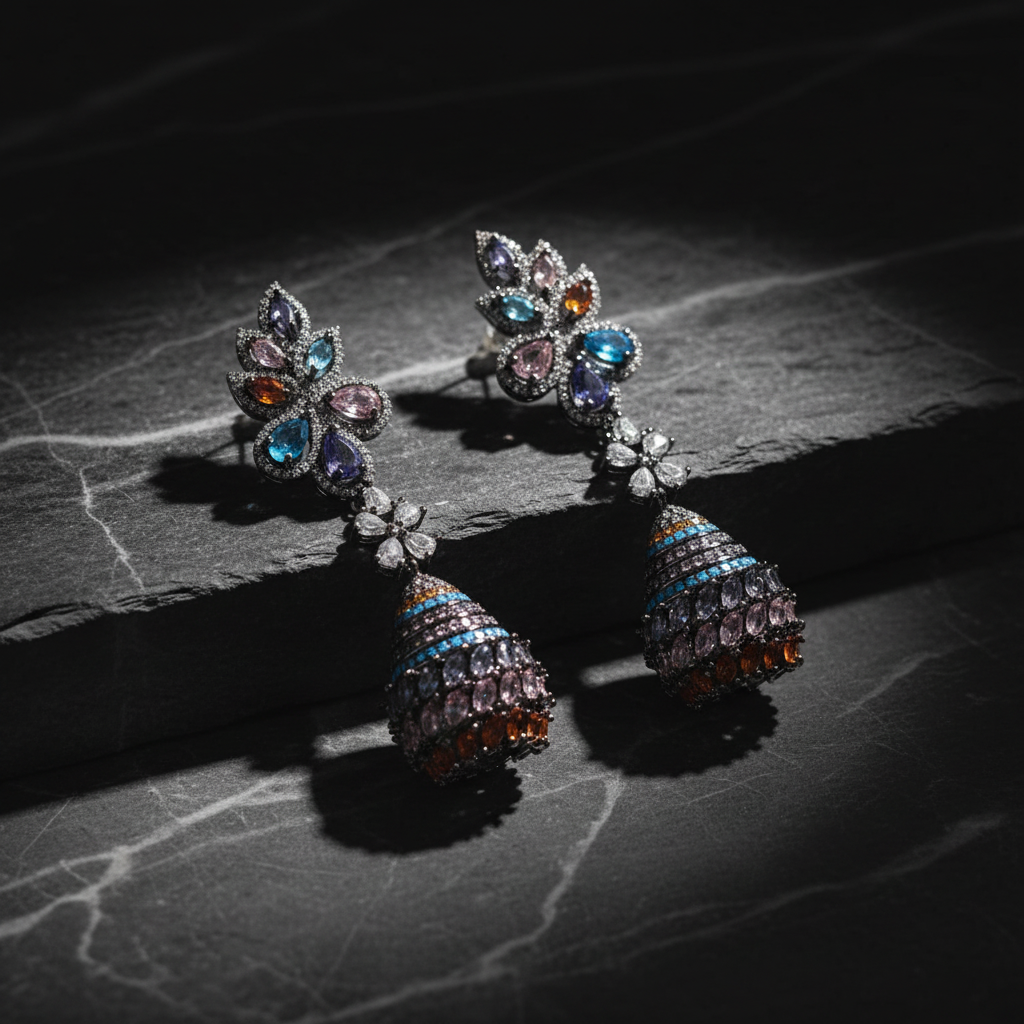 Multicolour CZ Lotus Fan Jhumka Gunmetal Earrings – luxury flat lay
