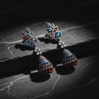 Multicolour CZ Lotus Fan Jhumka Gunmetal Earrings – luxury flat lay