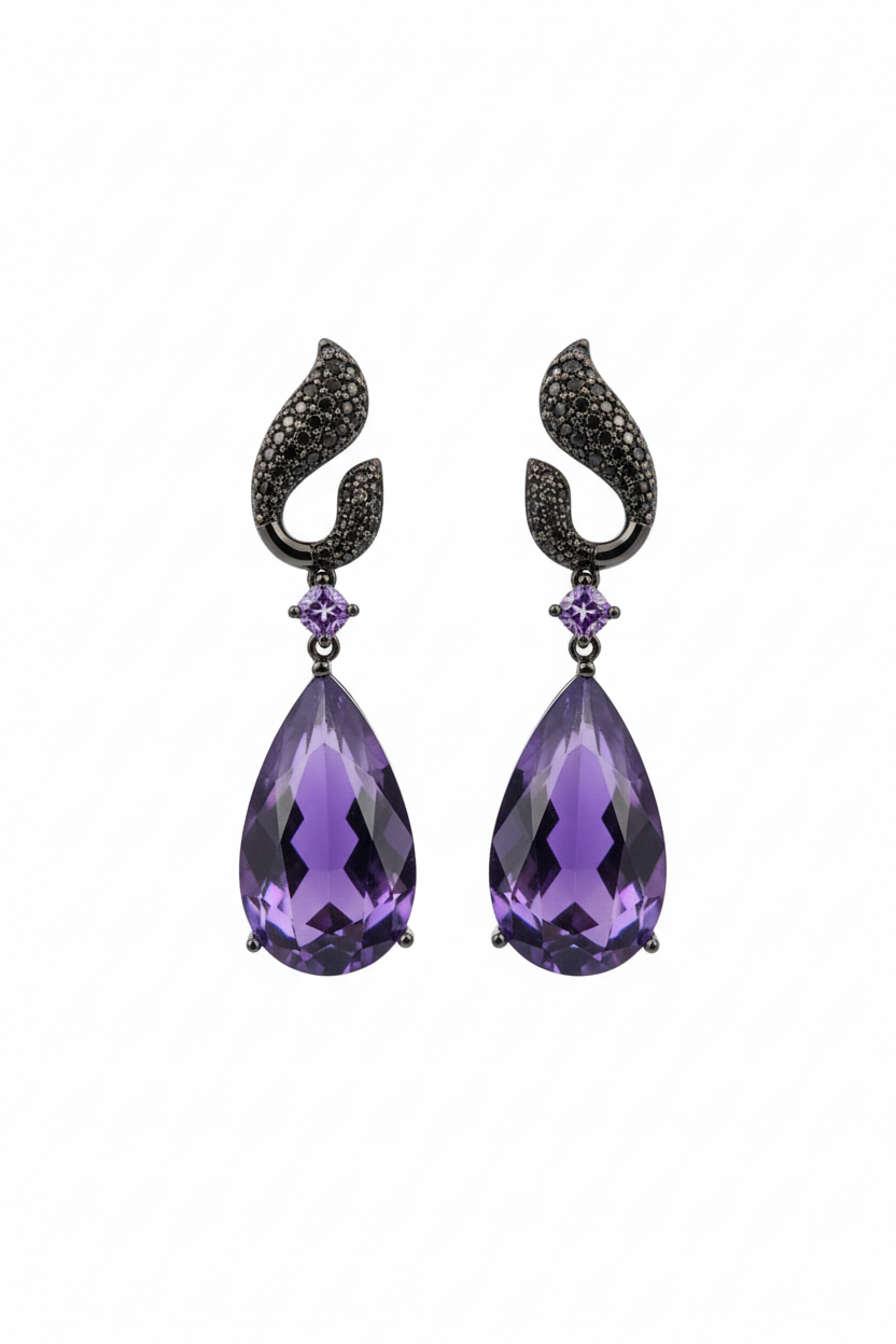 Amethyst Wave Teardrop Drop Earrings – white background studio promotional image