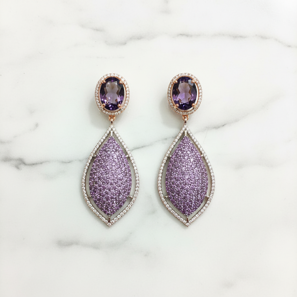 Rose Gold AD Amethyst Purple CZ Marquise Leaf Drop Earrings - Studio Promotional Shot