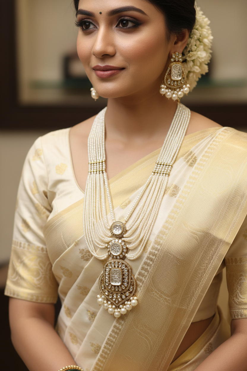 Bridal lifestyle — model wearing multi-strand pearl waterfall and polki AD shield pendant long necklace set