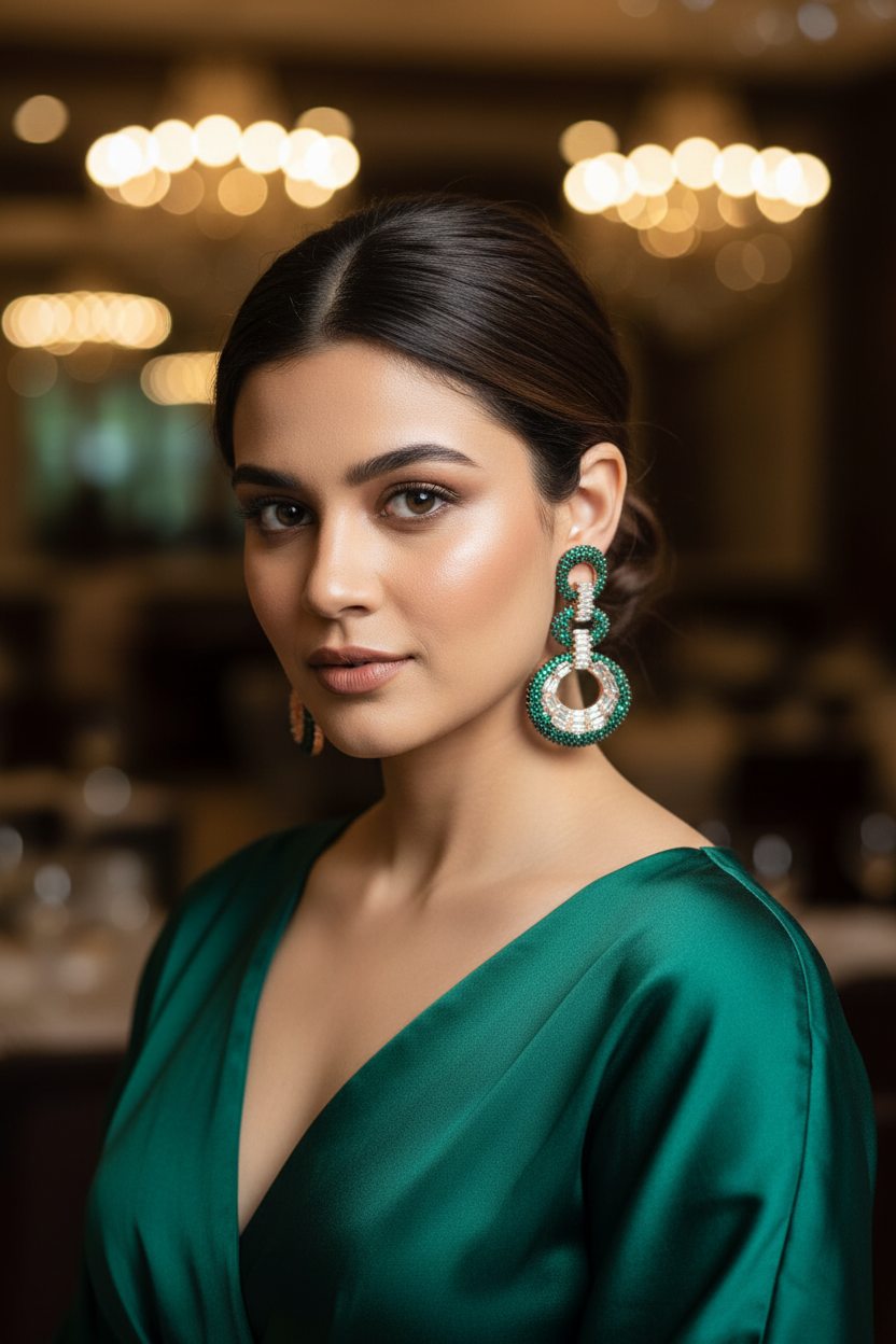 Emerald Green CZ Double Circle Earrings – lifestyle editorial evening look