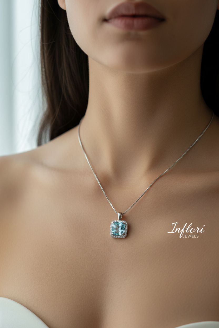 Ice Blue Square CZ Box Chain Pendant - Lifestyle Editorial