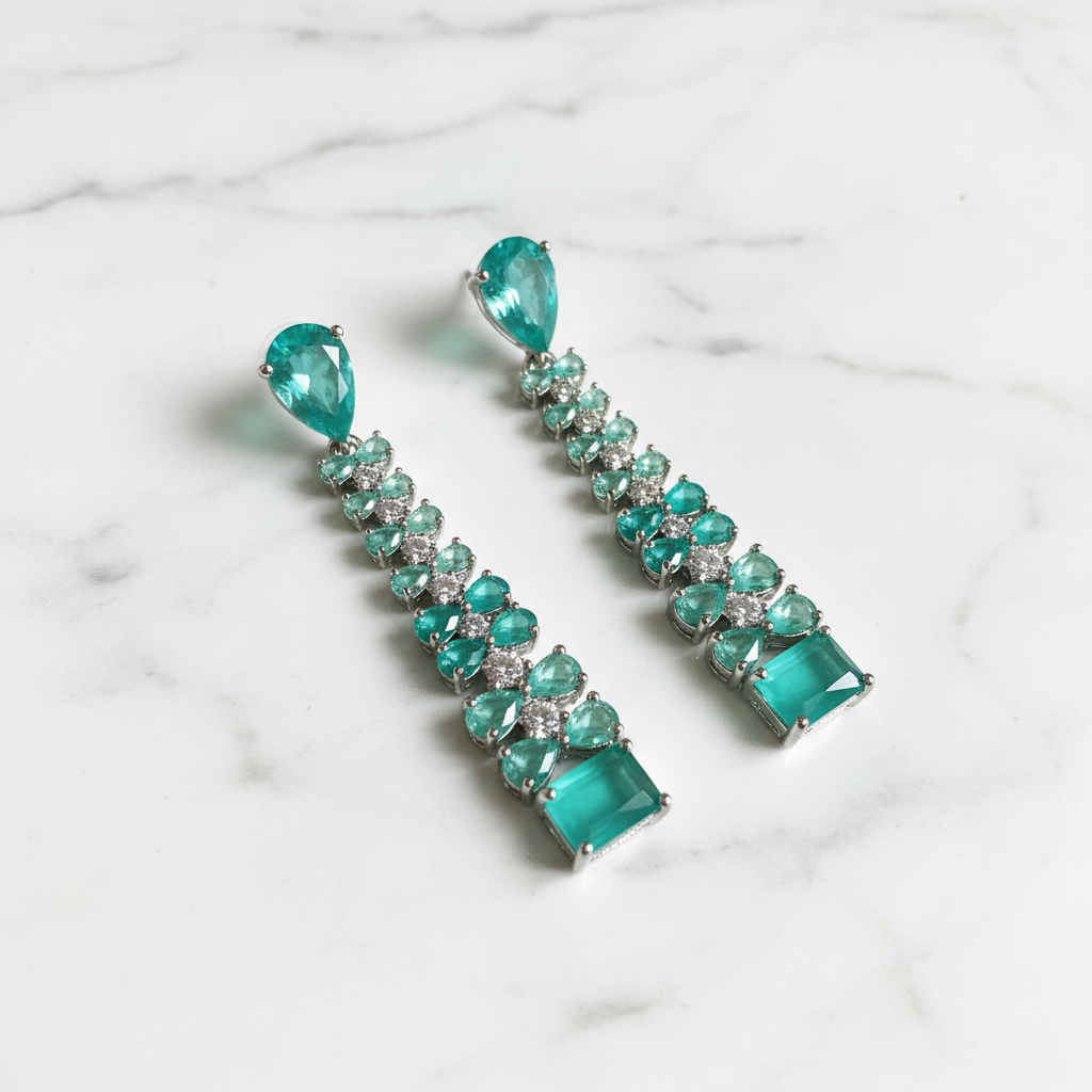 Silver AD Mint Turquoise CZ Long Drop Earrings - Studio Promotional Shot