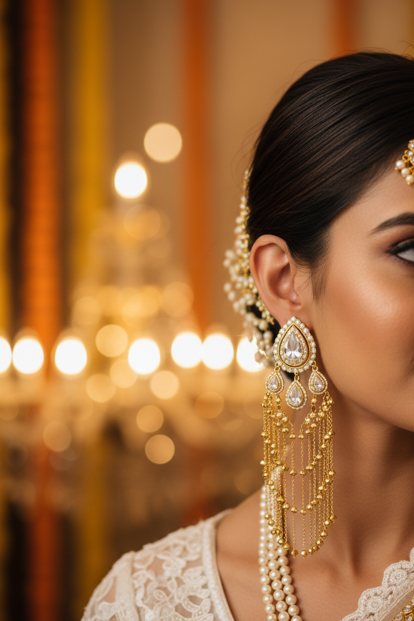 Gold AD Tassel Chandelier Earrings - Bridal Lifestyle Editorial