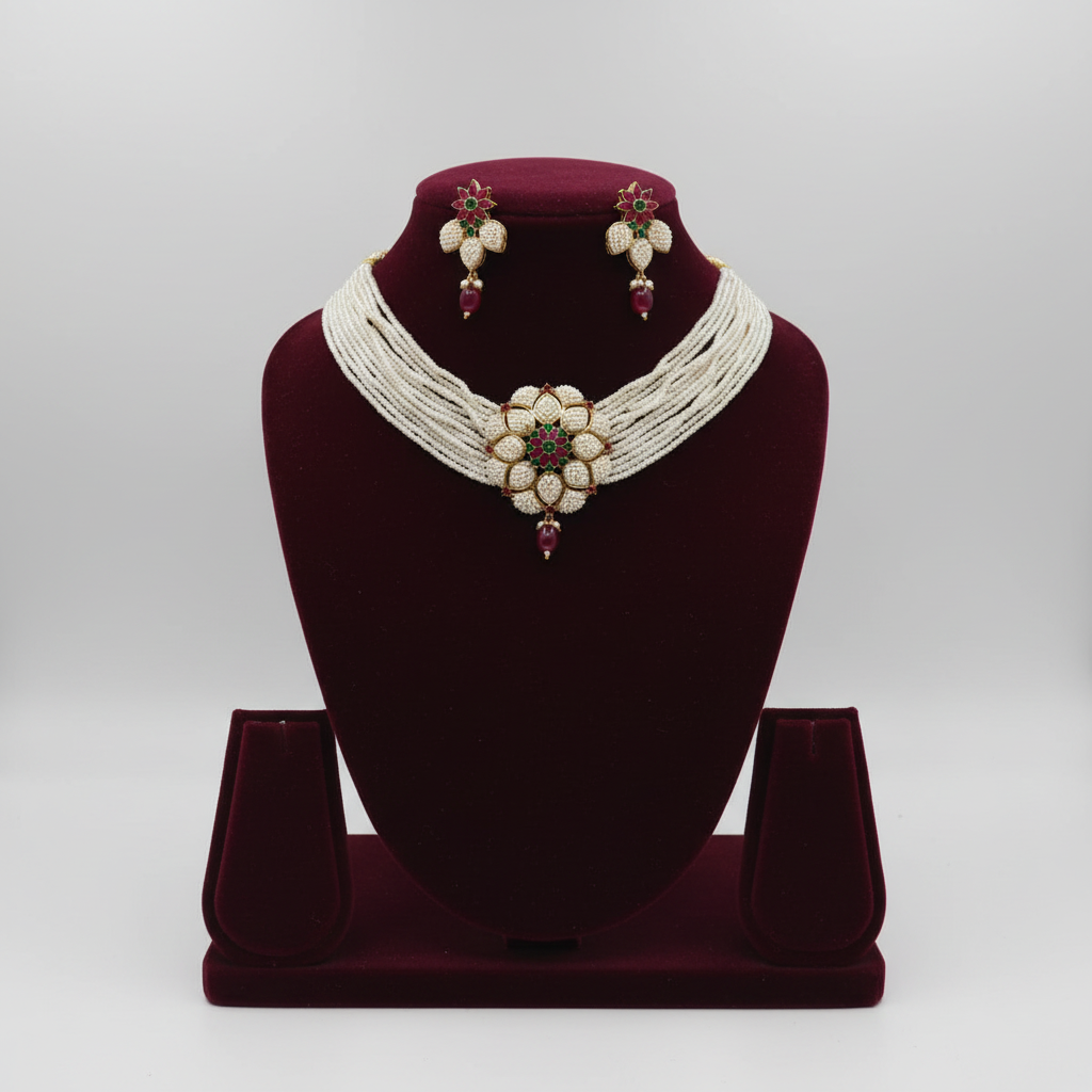 Multi-strand seed pearl choker with ruby and emerald floral centrepiece set on burgundy velvet display