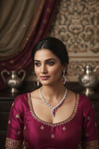 Bridal lifestyle — model wearing pink ruby leaf AD necklace set