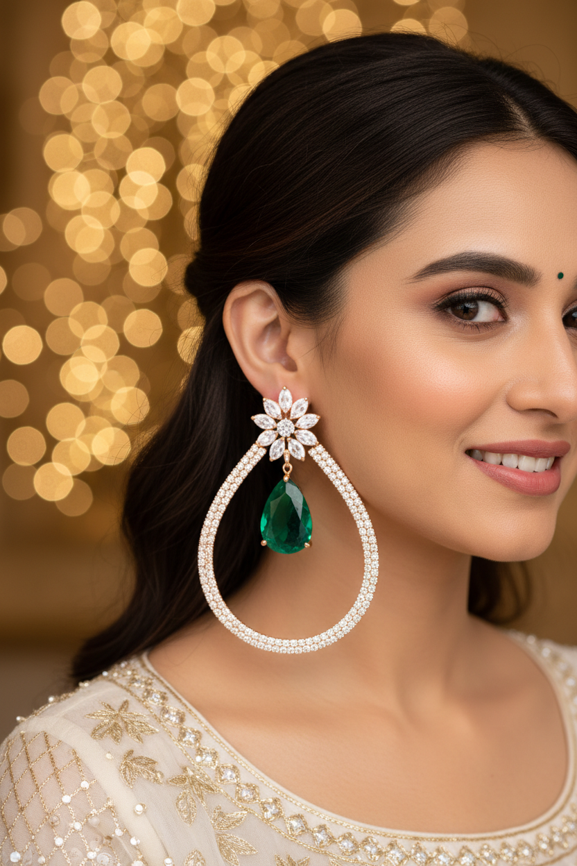 Rose Gold AD Diamond Pave Open Teardrop Hoop Earrings - Bridal Lifestyle Editorial