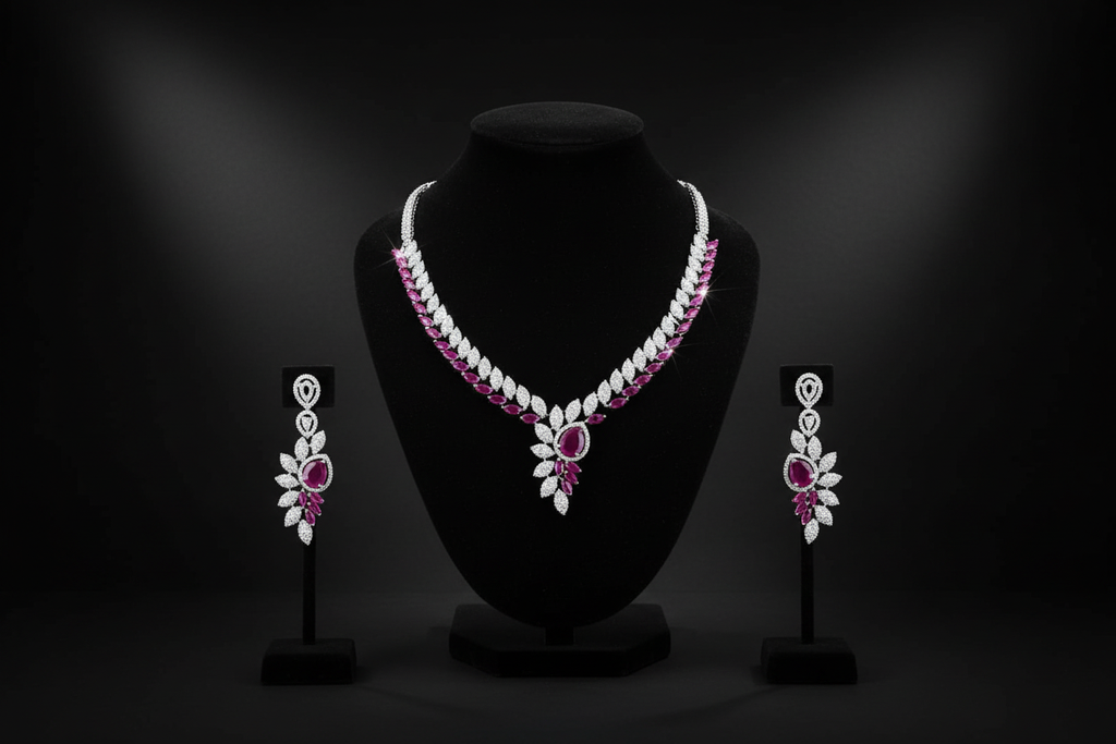 Pink ruby leaf AD necklace set promotional banner on black background