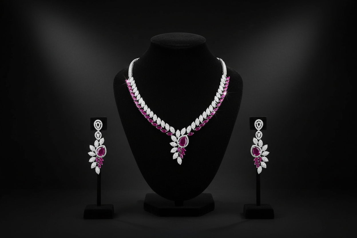 Pink ruby leaf AD necklace set promotional banner on black background