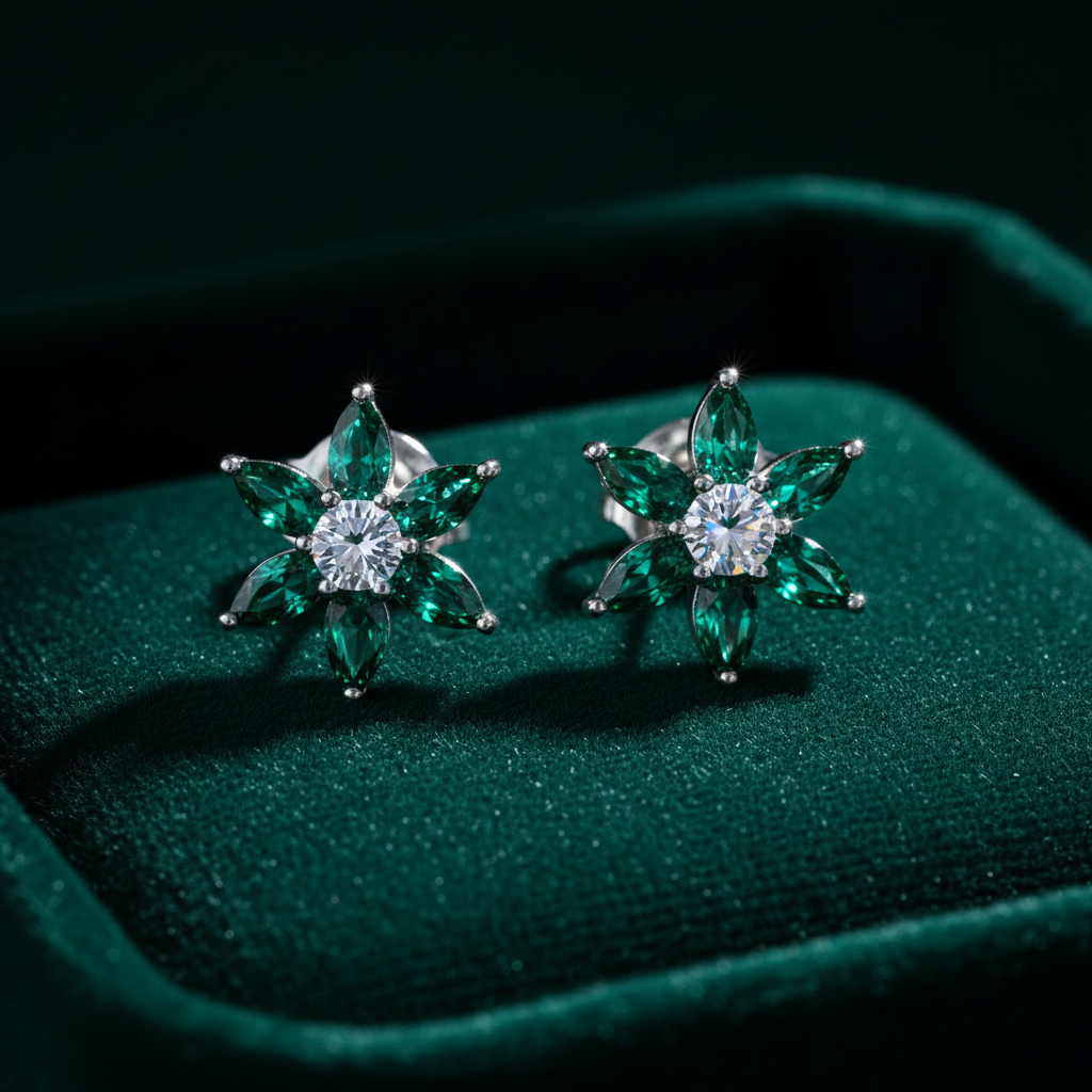 Emerald green CZ floral star stud earrings on forest green velvet - dramatic editorial style