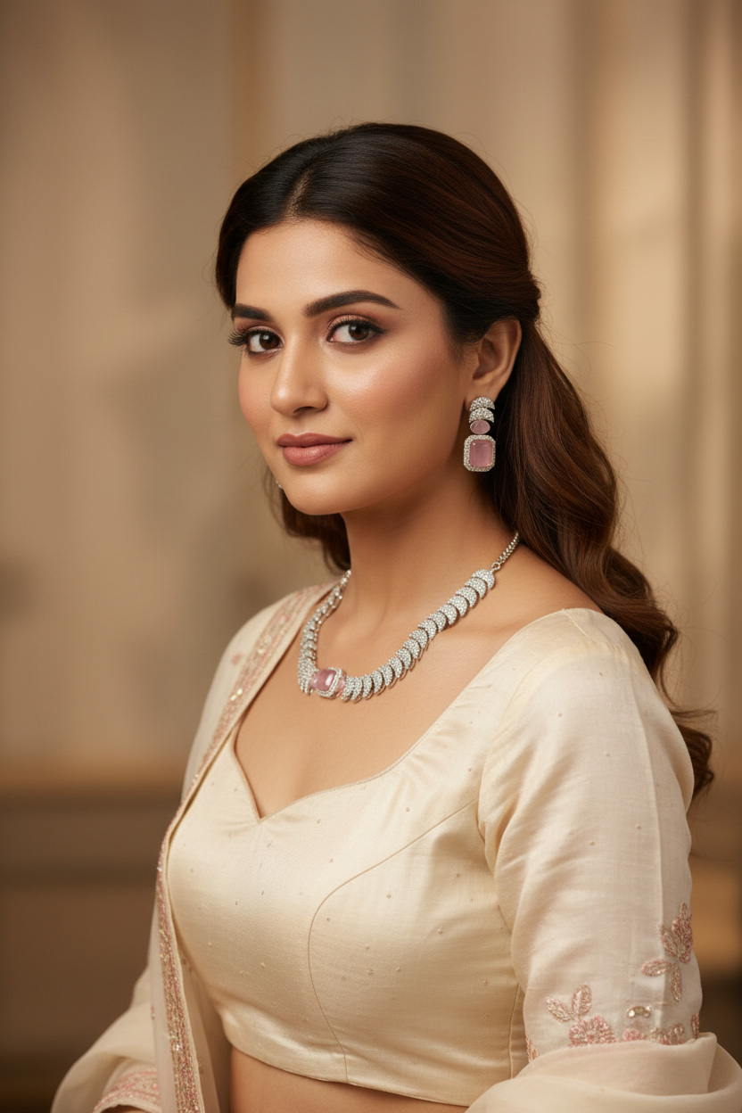 Bridal lifestyle — model wearing rose pink AD pave disc necklace set
