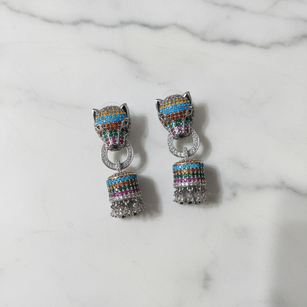Rainbow CZ Panther Jhumka Earrings – luxury flat lay on marble