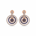 Sapphire blue circle drop earrings on white background studio shot