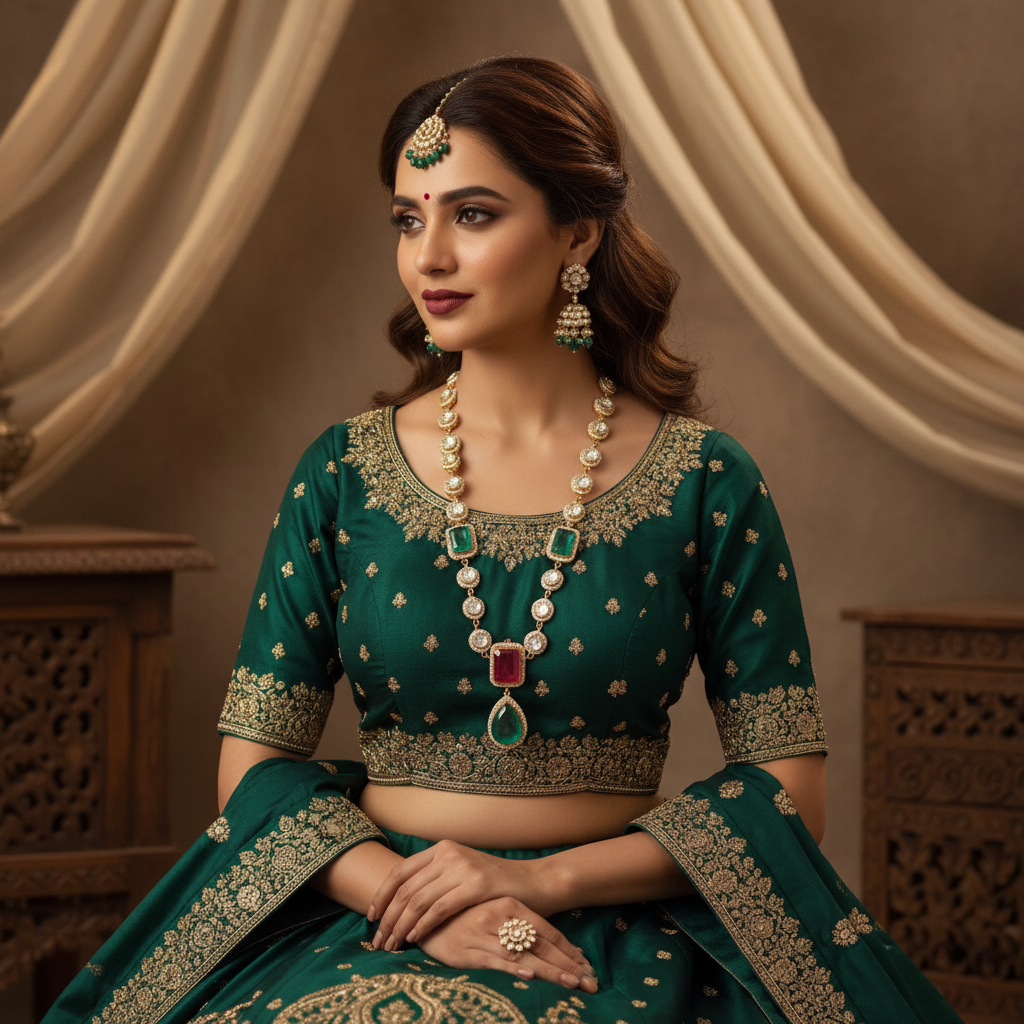 Bridal lifestyle — model wearing Polki-style gold AD necklace with emerald and ruby pendant drop