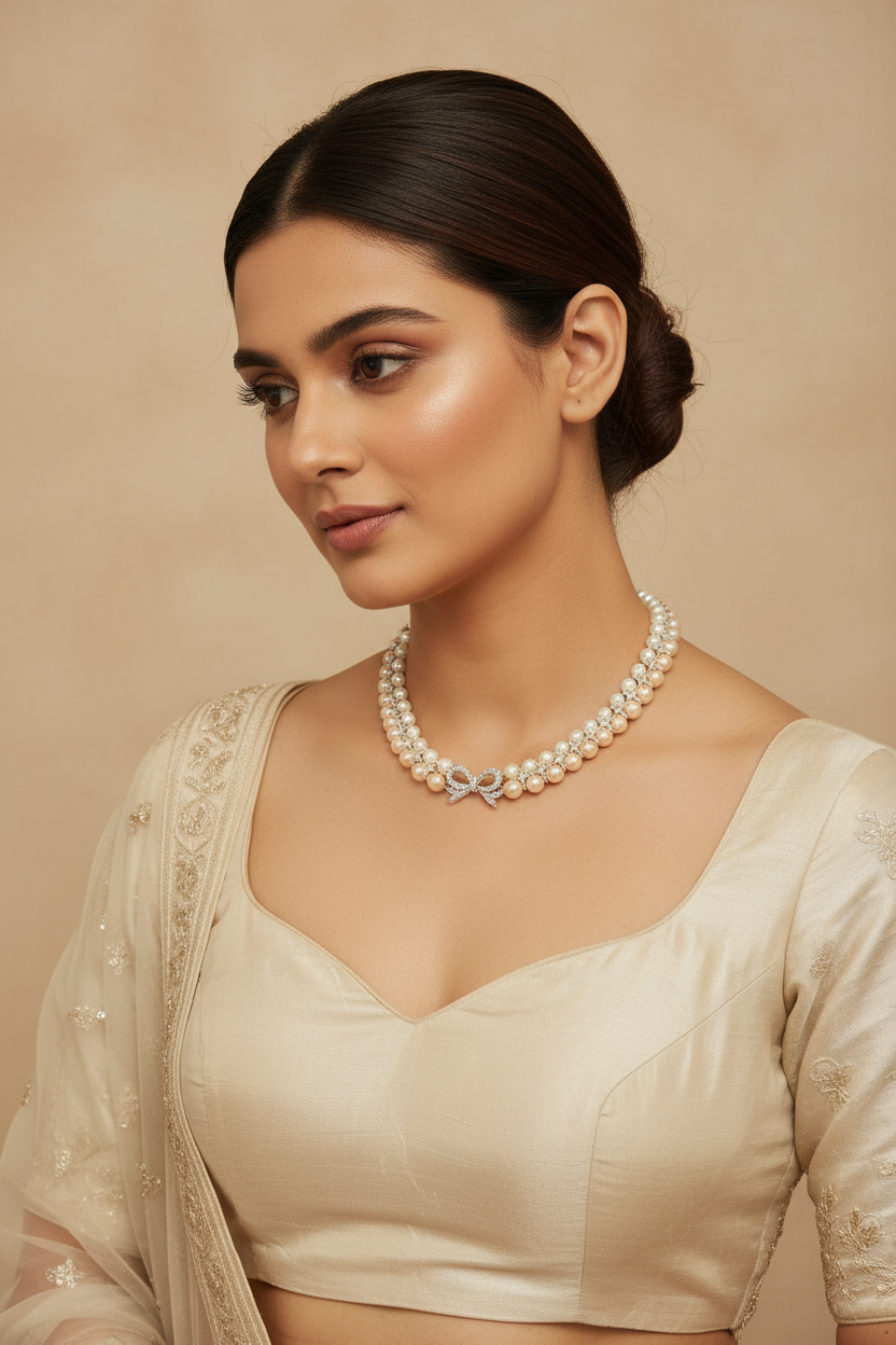 Bridal lifestyle — model wearing double-strand champagne pearl and AD X-link necklace with bow clasp