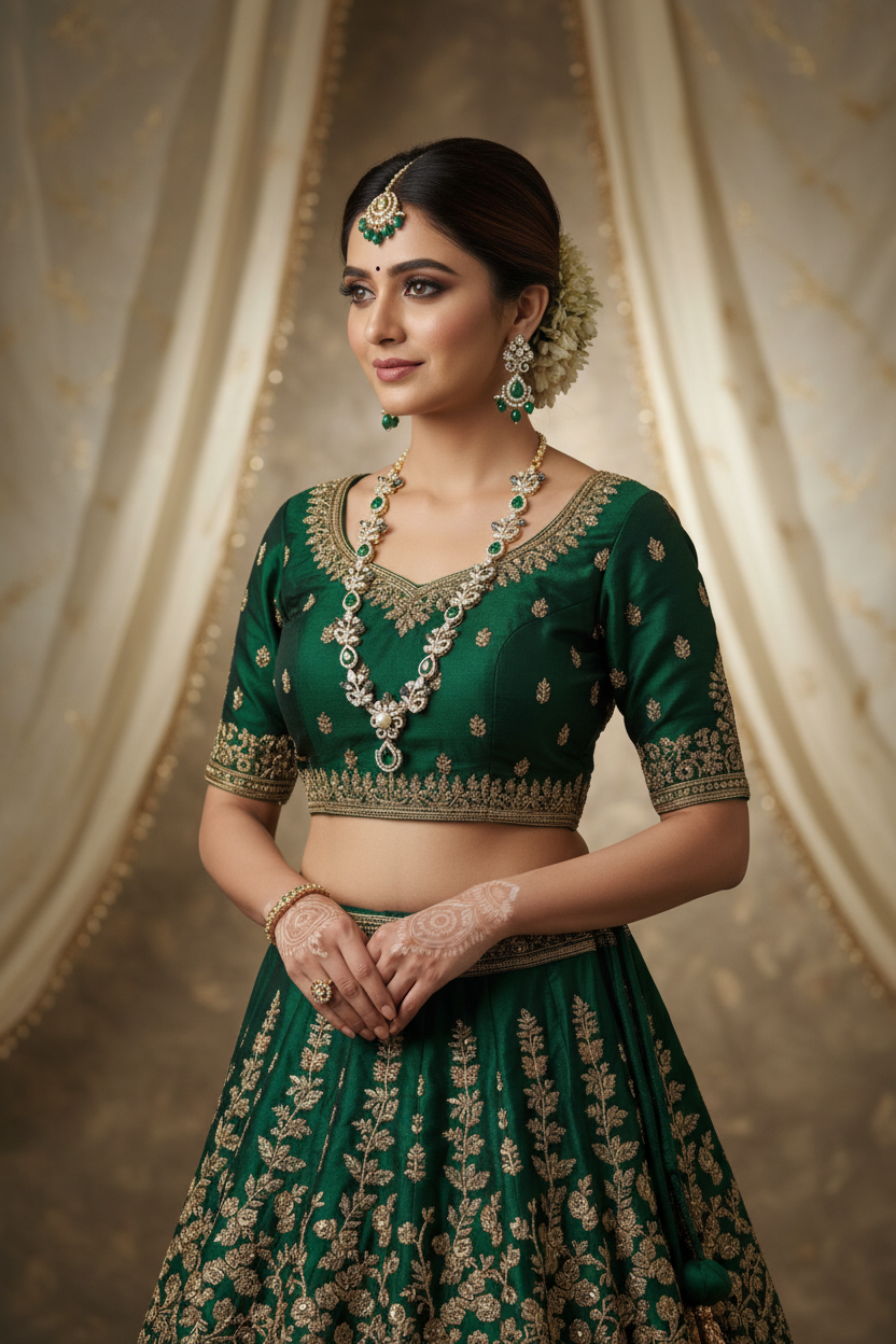 Bridal lifestyle — model wearing emerald green and white AD botanical leaf necklace with pearl and emerald pendant