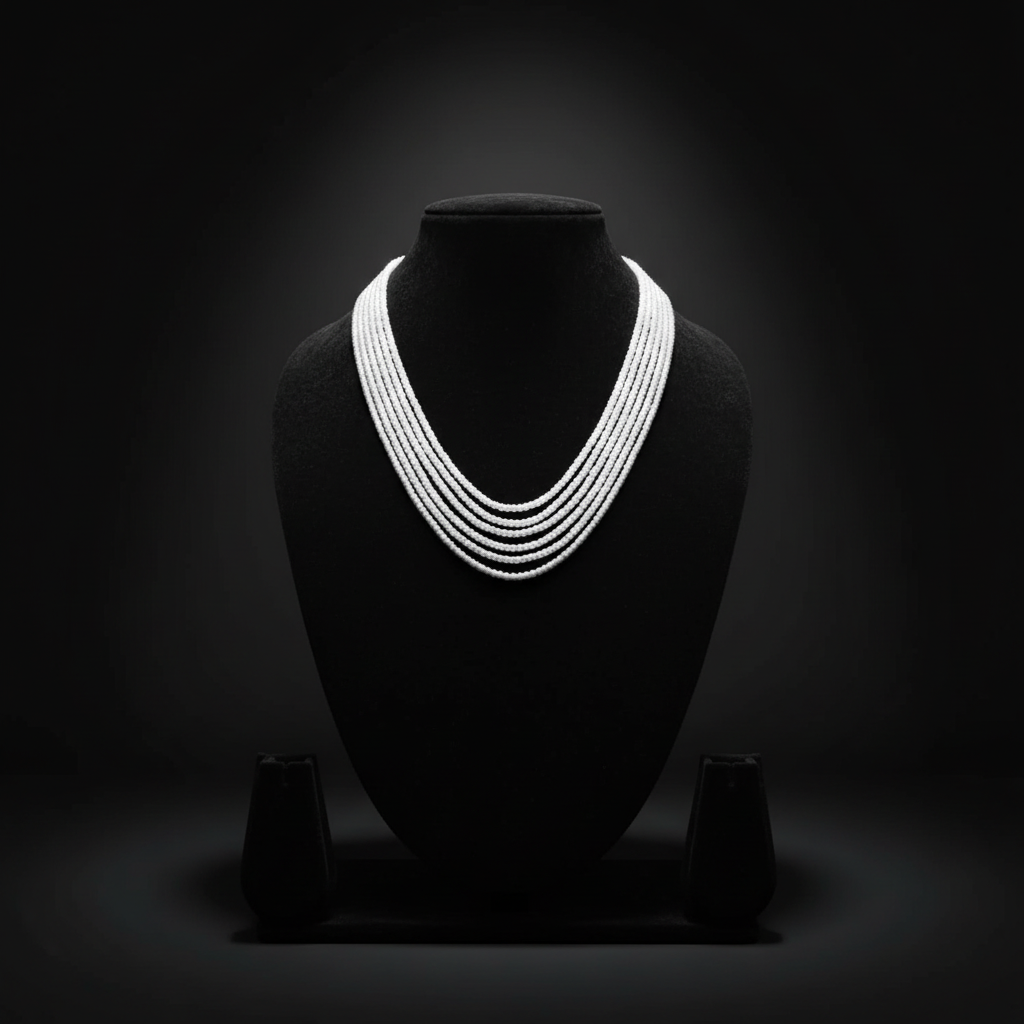 5-strand white seed bead necklace on dark velvet studio display