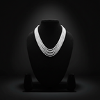 5-strand white seed bead necklace on dark velvet studio display