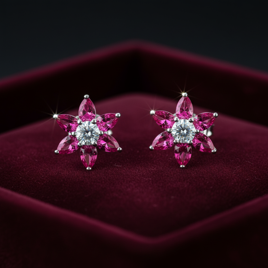 Ruby pink CZ floral star stud earrings on burgundy velvet - bold editorial style