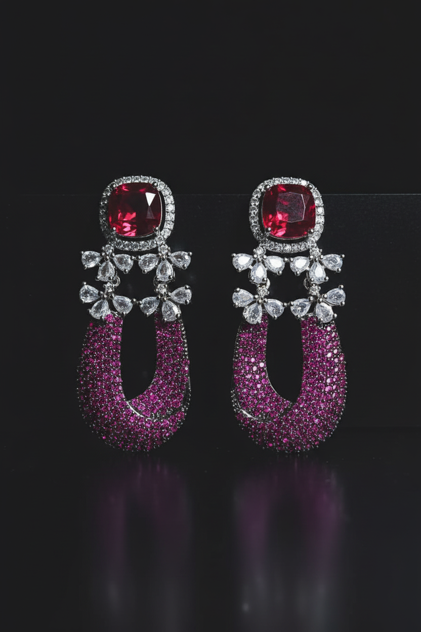 Red Ruby Fuchsia Horseshoe Drop Earrings - editorial lifestyle shot