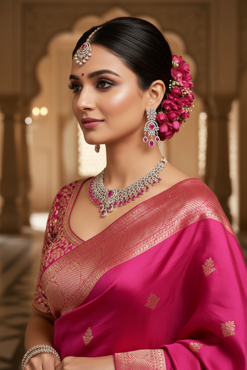 Bridal lifestyle — model wearing fuchsia pink AD floral fringe choker set