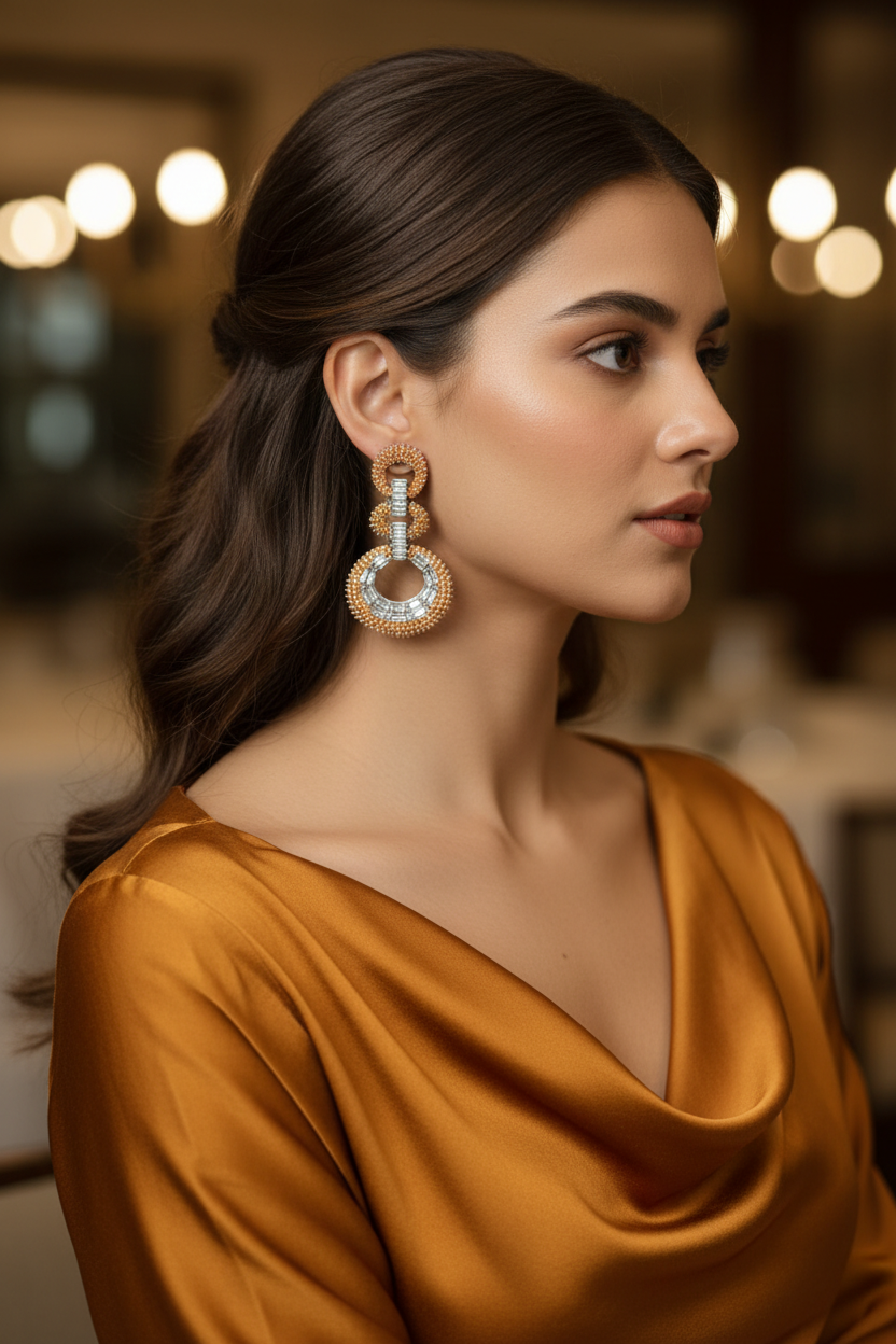 Orange Citrine CZ Double Circle Earrings – lifestyle editorial evening look