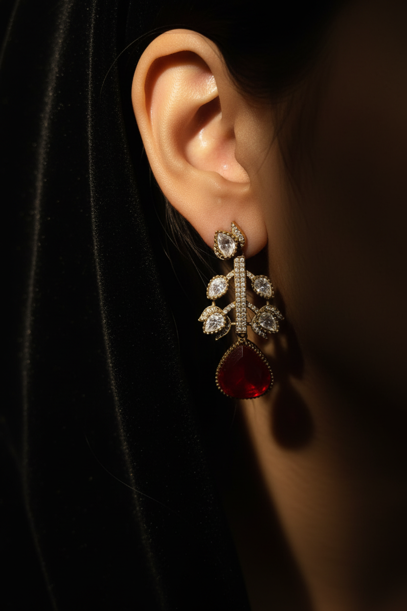 Ruby Bloom AD Drop Earrings - dark velvet editorial shot