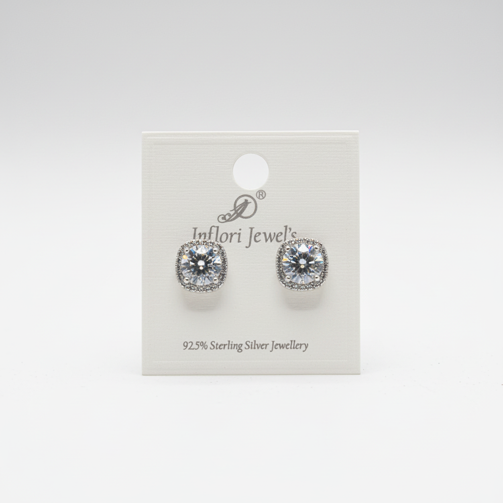 92.5 Sterling Silver Diamond White Round Cluster Halo Stud Earrings studio promotional shot