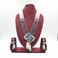 Pearl and sapphire bead AD kite pendant pearl tassel long necklace set on burgundy velvet display
