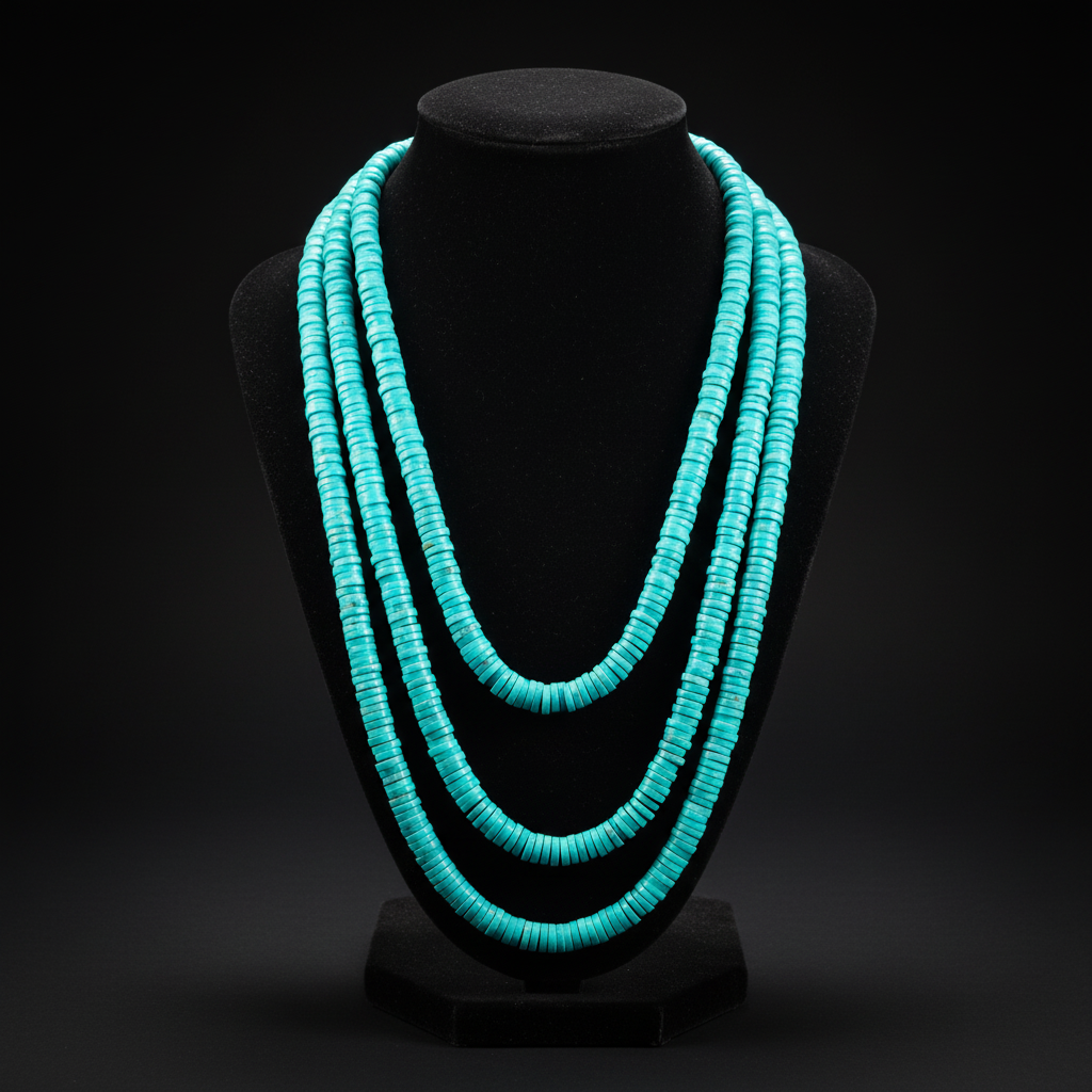 5-strand turquoise rondelle bead necklace on dark velvet studio display