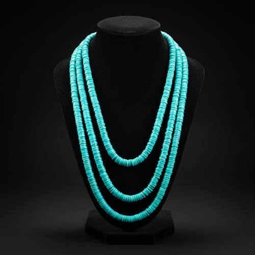 5-strand turquoise rondelle bead necklace on dark velvet studio display