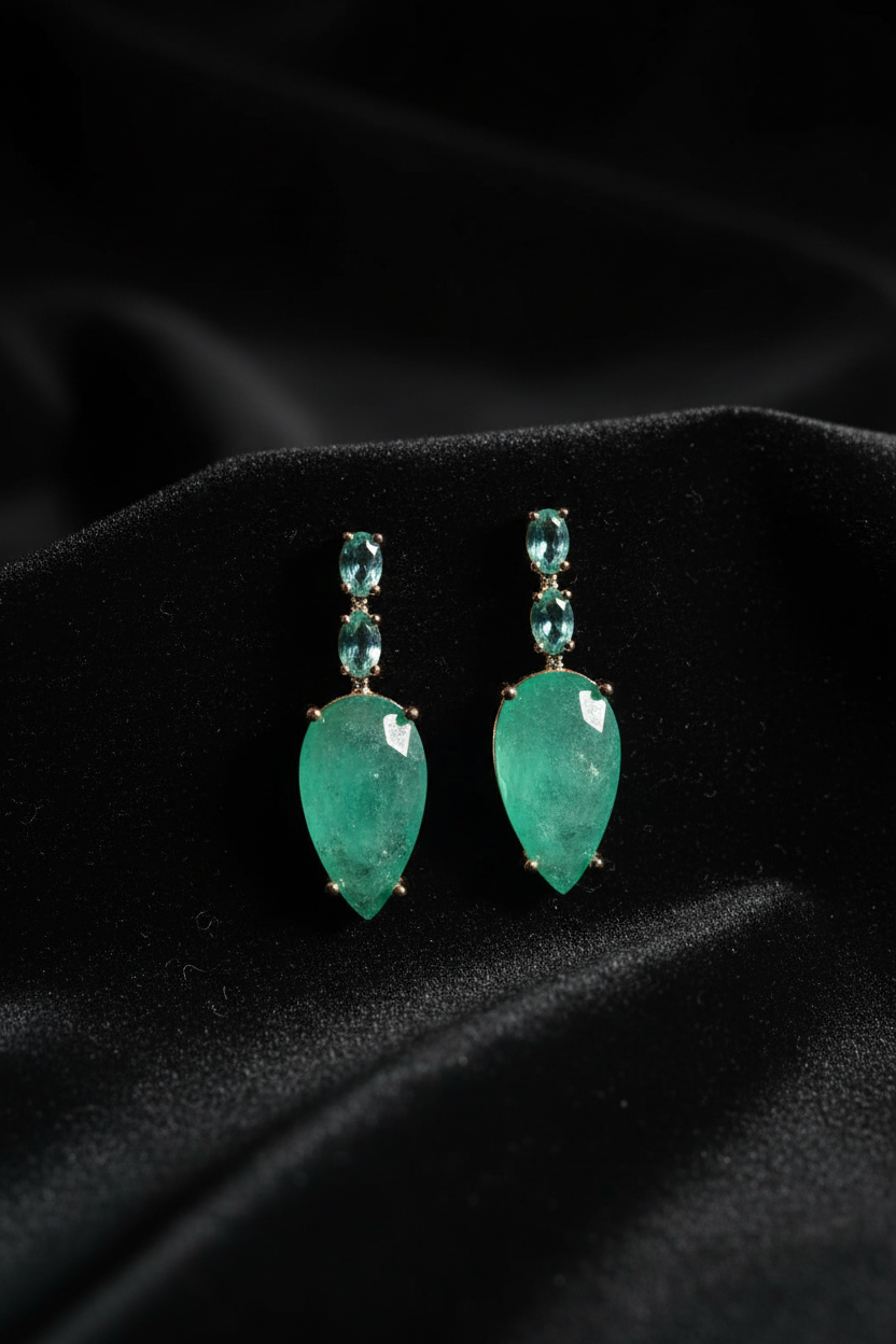 Emerald Aqua Link Teardrop Drop Earrings – dark velvet luxury editorial promotional image