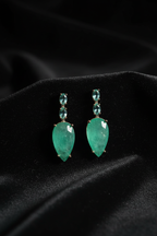 Emerald Aqua Link Teardrop Drop Earrings – dark velvet luxury editorial promotional image