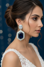 Oxidised Silver AD Navy Blue Pentagon CZ Drop Earrings - Bridal Lifestyle Editorial