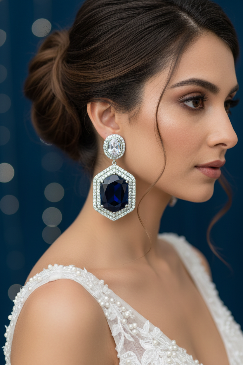 Oxidised Silver AD Navy Blue Pentagon CZ Drop Earrings - Bridal Lifestyle Editorial