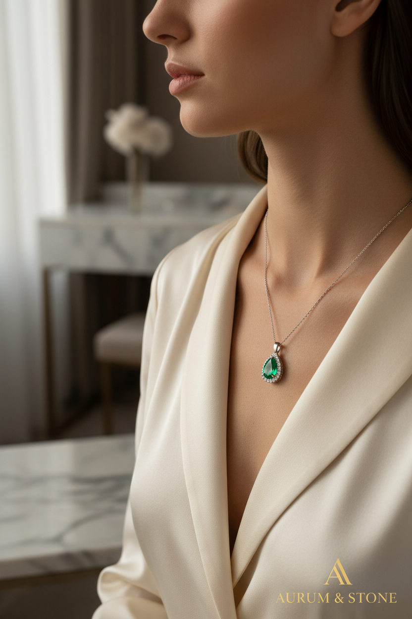 Emerald Green CZ Silver Pendant - Lifestyle Editorial