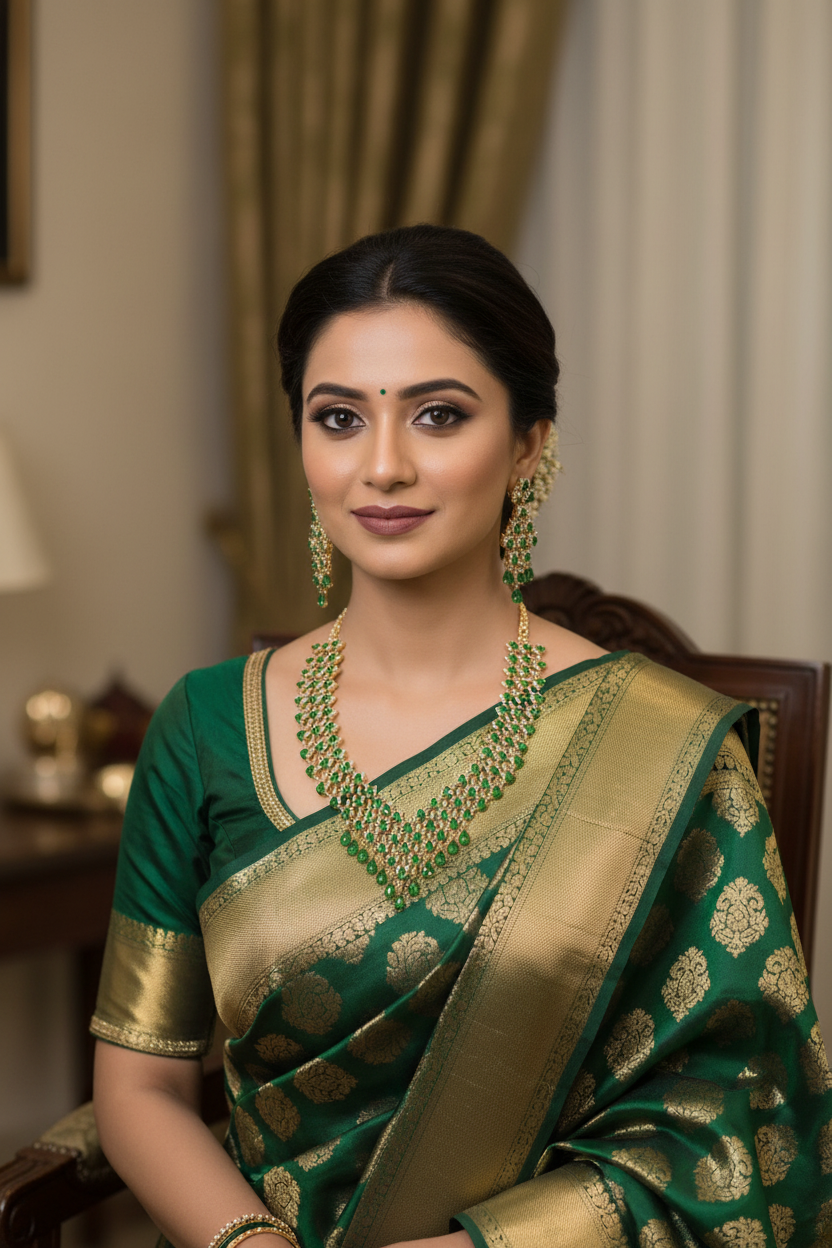 Bridal lifestyle — model wearing emerald green and gold AD V-shape fringe waterfall necklace set