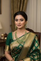 Bridal lifestyle — model wearing emerald green and gold AD V-shape fringe waterfall necklace set