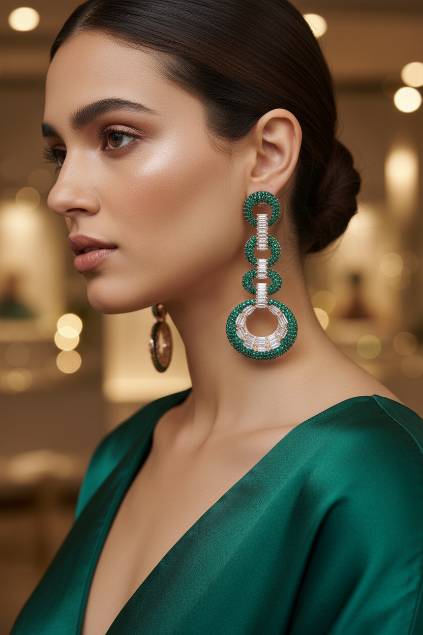 Emerald Green Fan Baguette CZ Double Circle Earrings – lifestyle editorial evening look