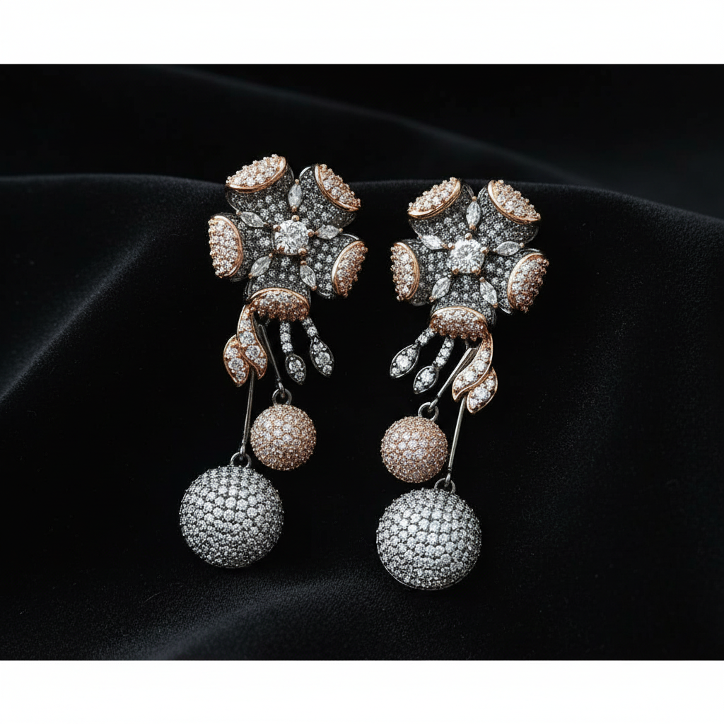 Two-tone flower drop earrings editorial promotional image on black velvet