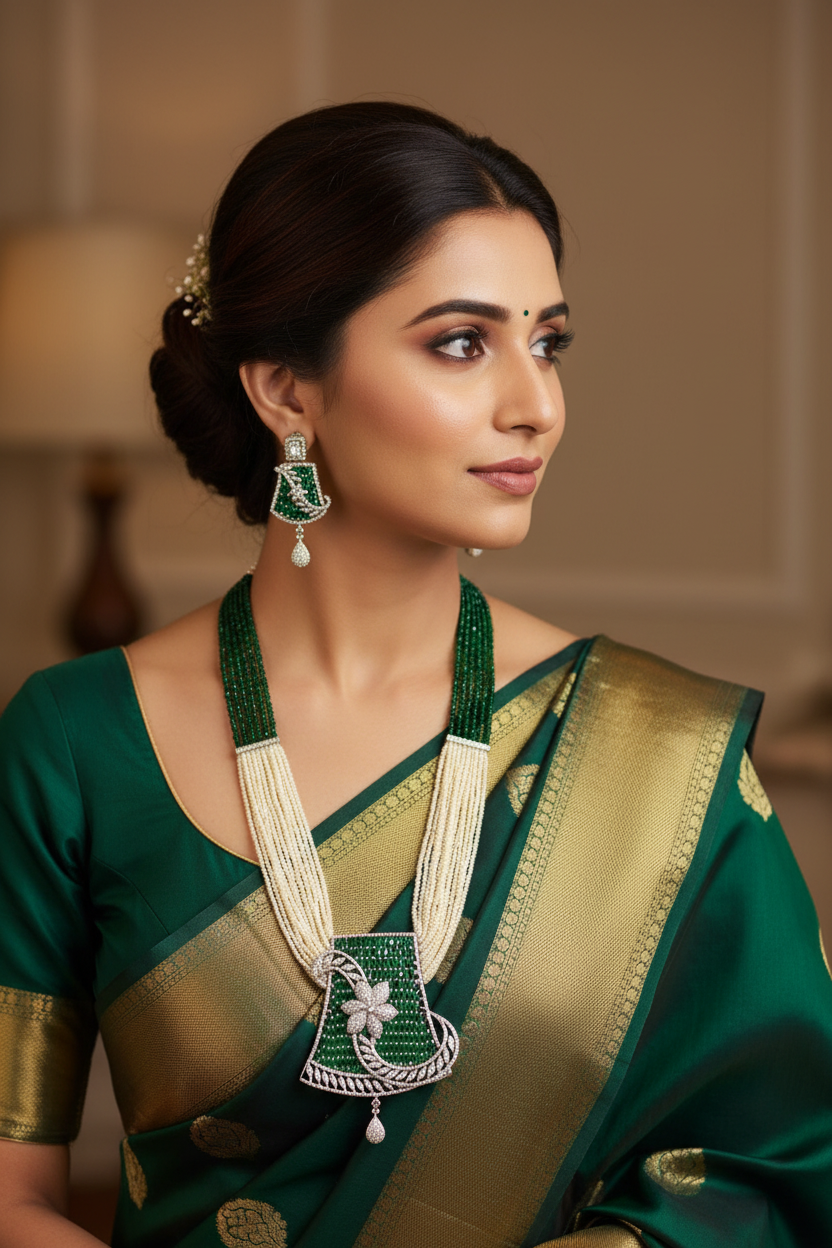 Bridal lifestyle — model wearing emerald bead and pearl AD floral pendant long necklace set